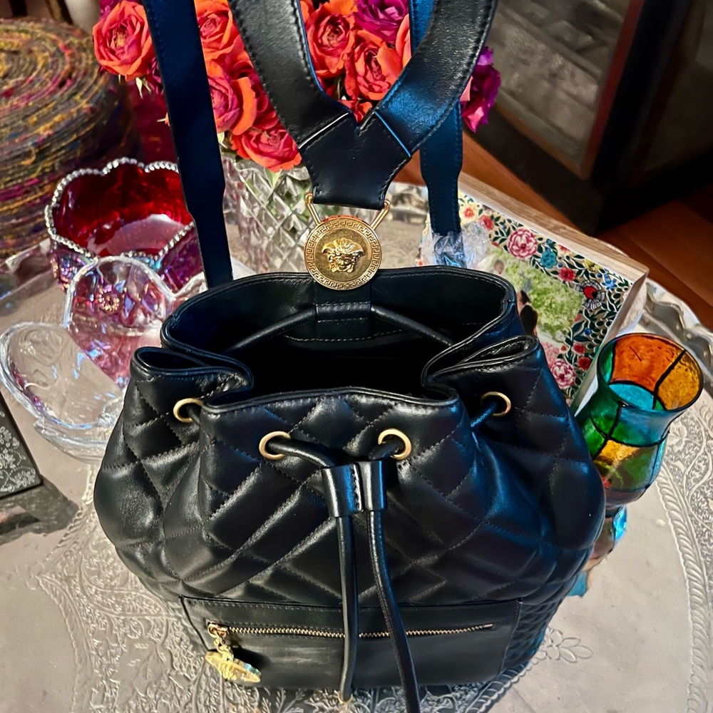 Versace Black Quilted Medusa Backpack/Bag with Gold hardware - Picture 3 of 11